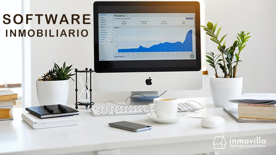 Imagen de un escritorio con un MAC que tiene una imagen de un software CRM Inmobiliario