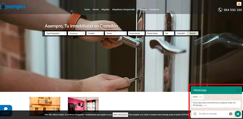 Icono de whatsapp en la web inmobiliaria de Asempro.